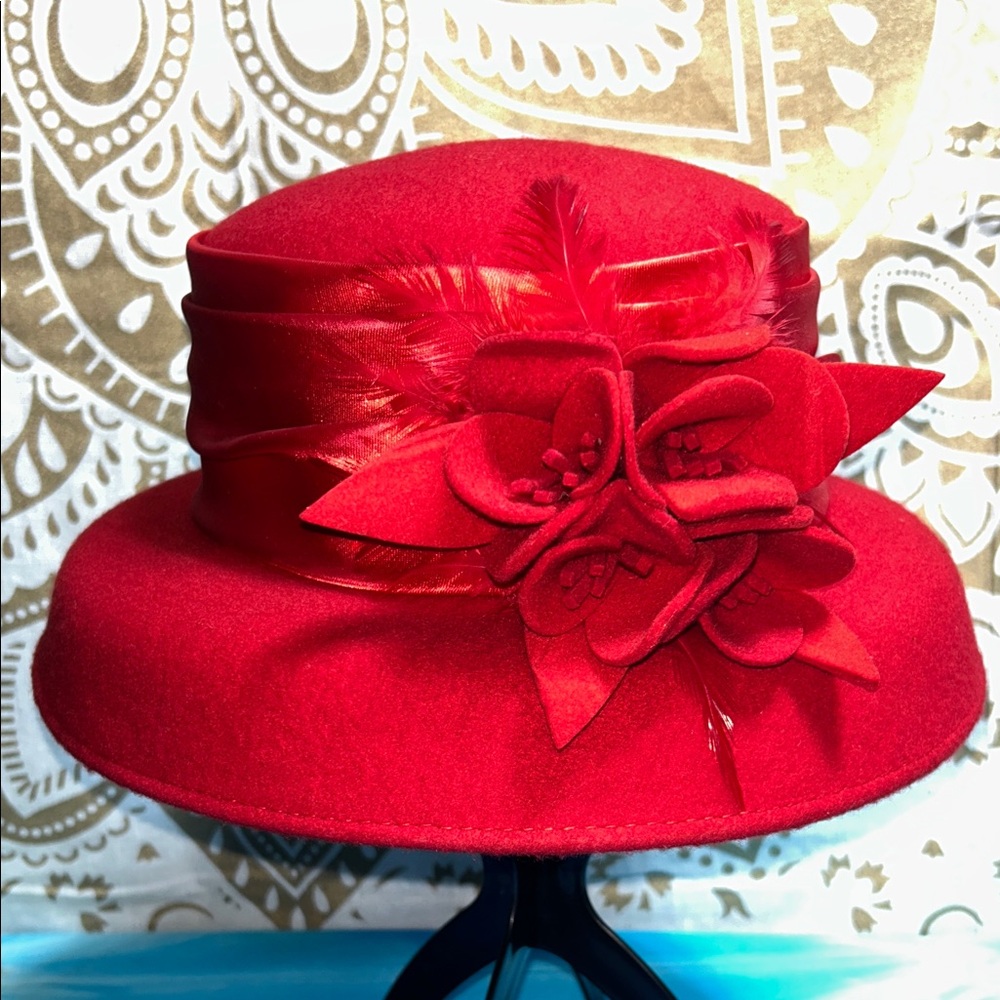 Elegant Red Women's Hat with Floral Accent